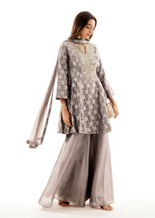 Grey Brocade Embroidered Peplum Palazzo Dupatta Set