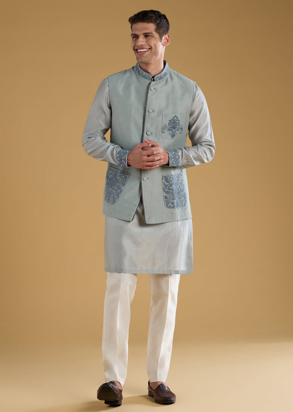Grey Chanderi Silk Embroidered Mens Jacket Kurta Set
