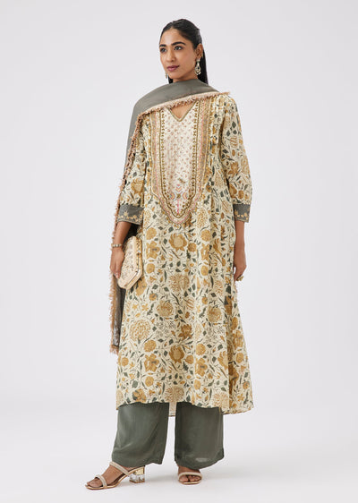 Grey Chinon Floral Print Anarkali Suit Set