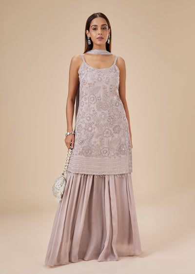 Grey Chinon Kurta Palazzo Set With Cutdana Embroidery