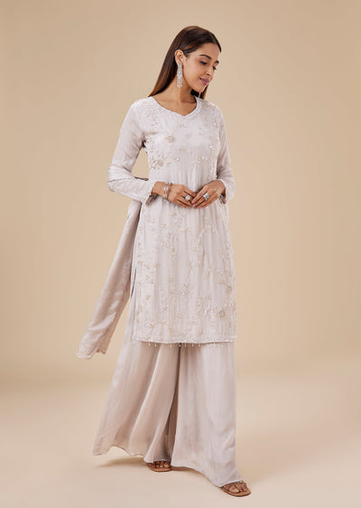 Grey Chinon Sequin Embroidered Sharara Suit Set