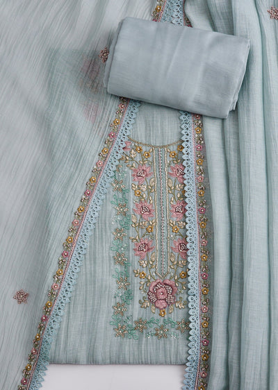 Grey Cotton Embroidered Unstitched Suit Set With Dupatta