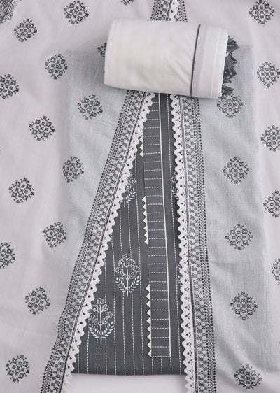 Grey Cotton Embroidered Unstitched Suit Set And Dupatta