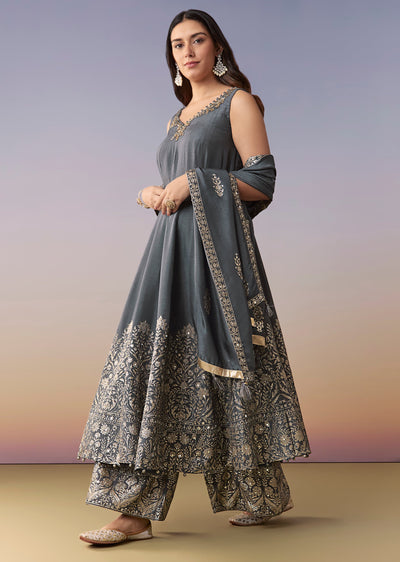 Grey Embellished Anarkali Suit Set With Pant And Dupatta