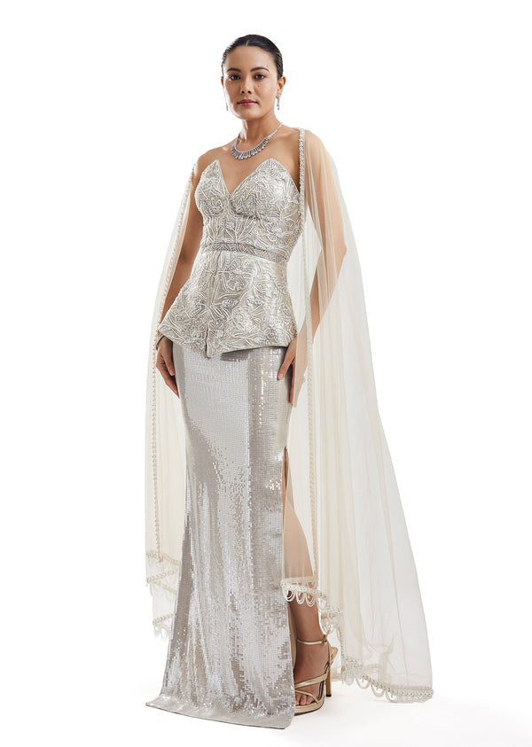 Grey Embellished Corset Skirt Set With Cape
