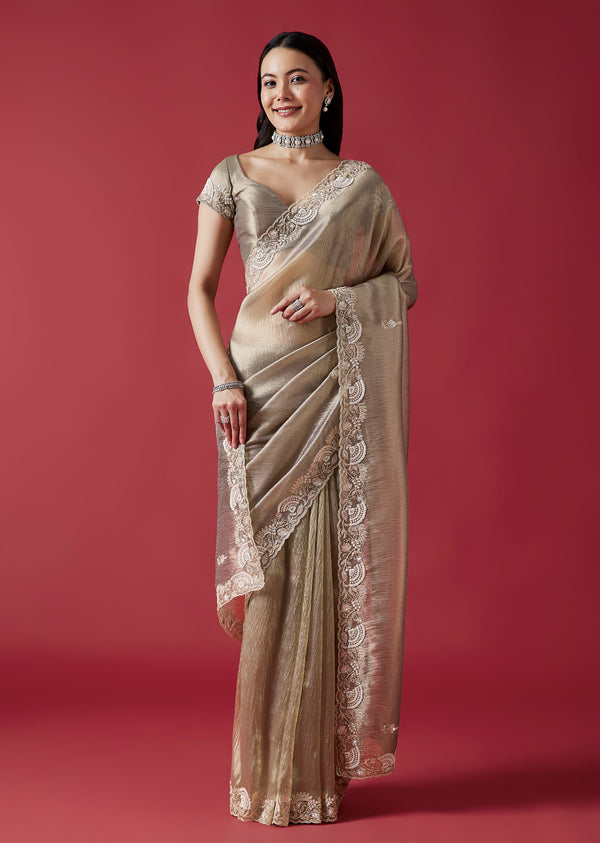 Grey Embroidered Crush Tissue Saree With Zardosi Detailing