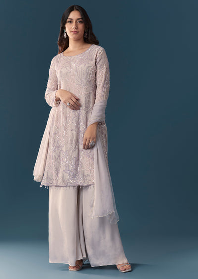 Grey Embroidered Palazzo Suit Set With Dupatta