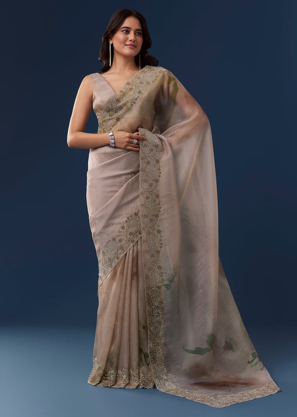 Grey Floral Printed Tissue Saree With Stone Embellished Border