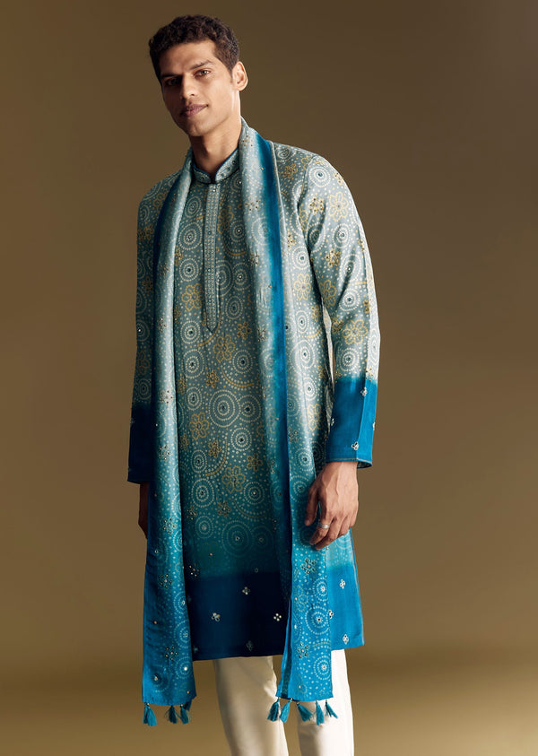 Grey Ombre Rawsilk Kurta Set With Mirror Embellishments