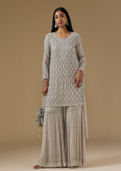 Grey Organza Sharara Suit With Embellished Kurta And Sharara