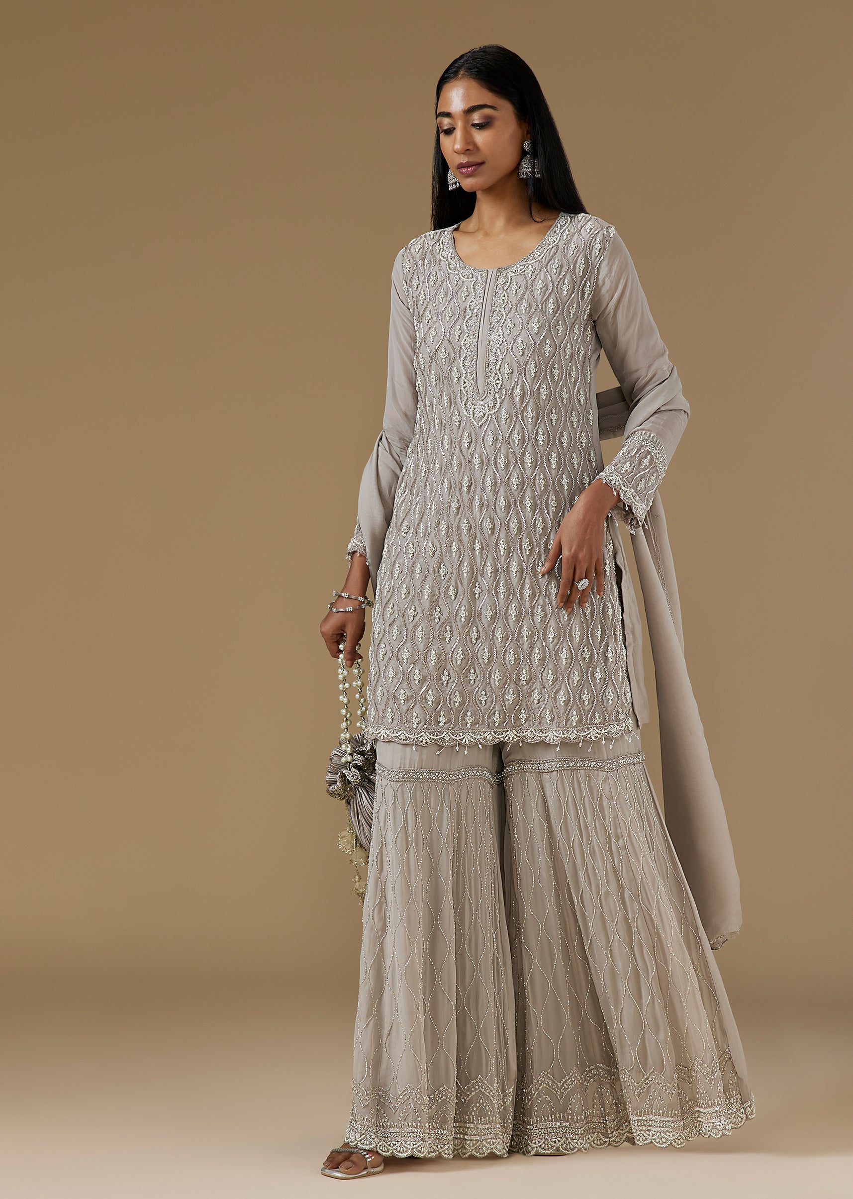 Grey Organza Sharara Suit With Embellished Kurta And Sharara