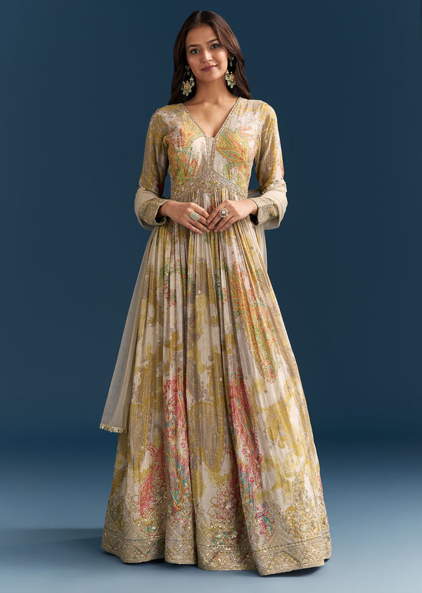 Grey Printed Chinon Anarkali Suit With Zari Work