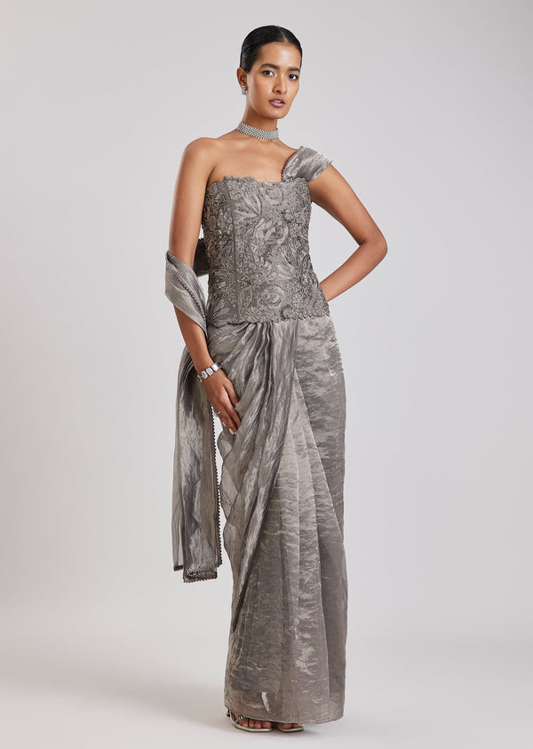 Grey Ready Pleated Saree With Corset Blouse