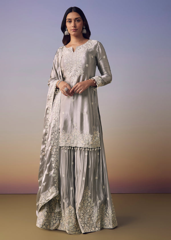 Grey Satin Embroidered Kurta and Palazzo Set