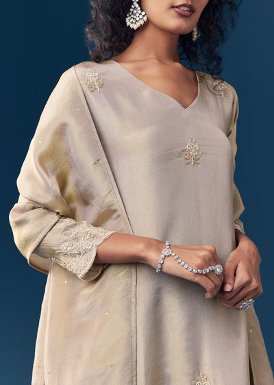 Grey Sequin Embellished Tissue Anarkali Set