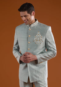 Grey Silk Jodhpuri Pant Set with Cutdana Work