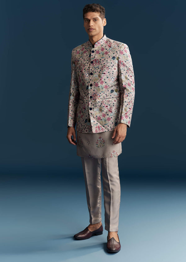 Grey Silk Kurta Jacket Set For Men With Floral Print And Sequins
