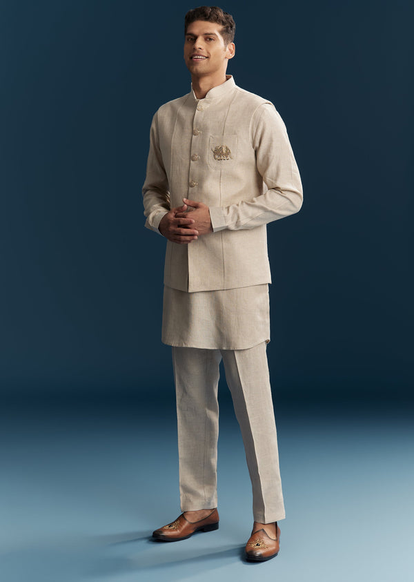 Grey Silk Kurta Jacket Set With Minimal Thread Detail