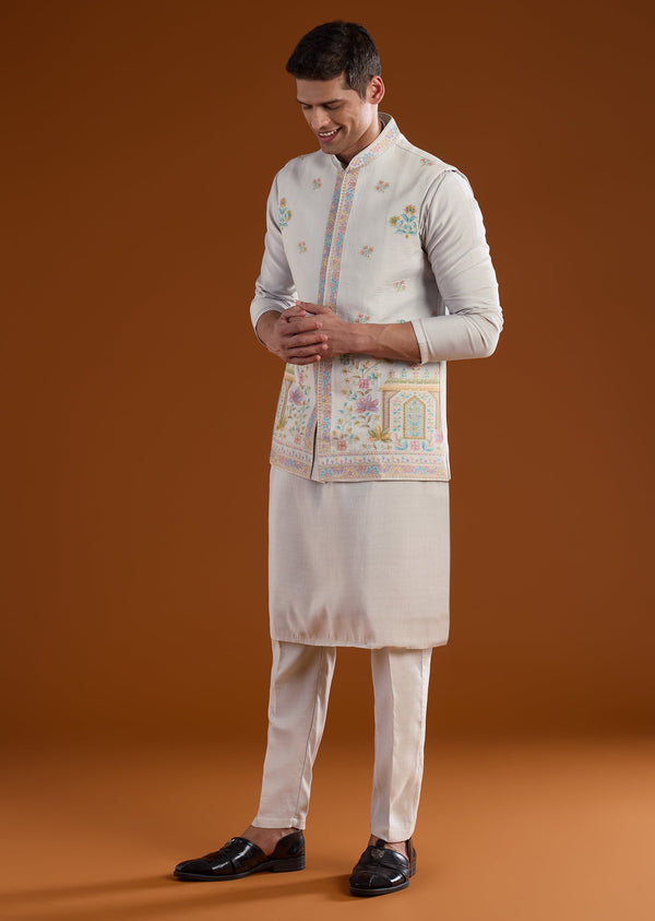 Grey Silk Mens Kurta Jacket Set With Thread And Motif Work