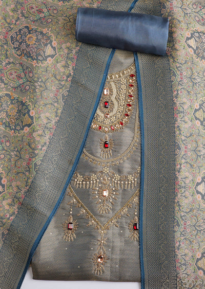 Grey Tissue Zardosi Yoke Embroidered Dress Material Set