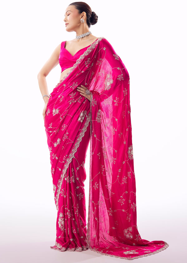 Hot Pink Chinon Saree With Scallop Border And All Over Floral Cutdana Stone Bead Embroidery