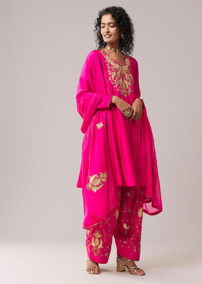 Hot Pink Gota Work Silk Anarkali Set