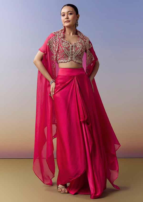 Hot Pink Indo Western Crop Top Skirt Set With Zardosi Work And Organza Cape