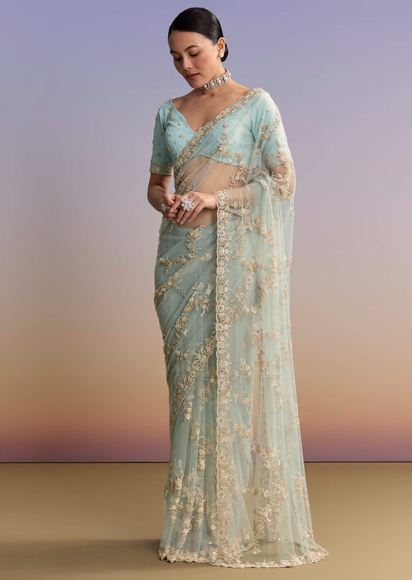 Ice Blue Net Embroidered Saree With Cutdana And Bead Work