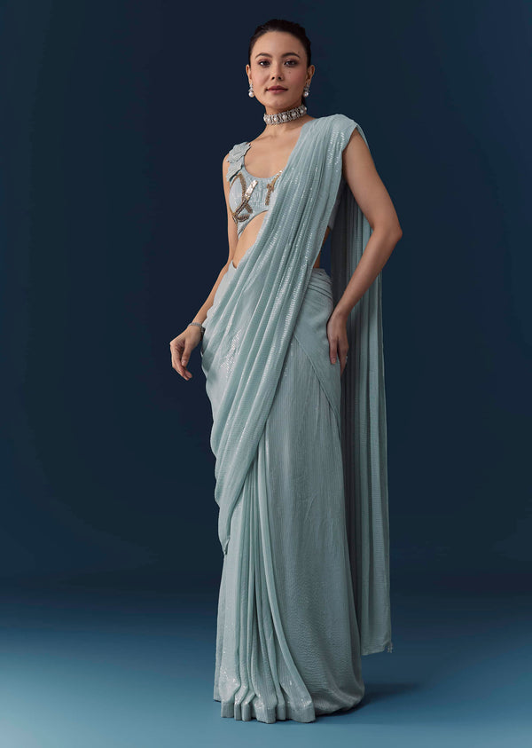 Ice Blue Pre Pleated Saree with Sequin Embellished Blouse