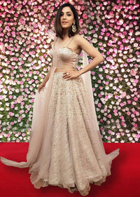 Dusty pink lehenga paired with multi paneled corset blouse  with attached net drape