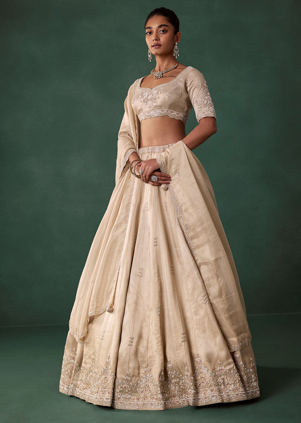 Ivory Butti Embroidered Georgette Bridal Lehenga Set