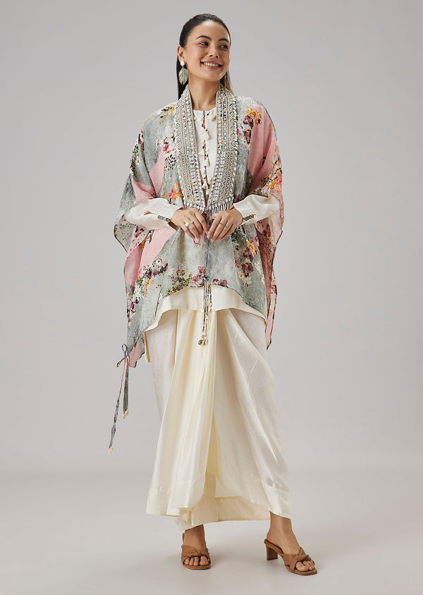 Ivory Floral Printed Cape And Drape Skirt Set
