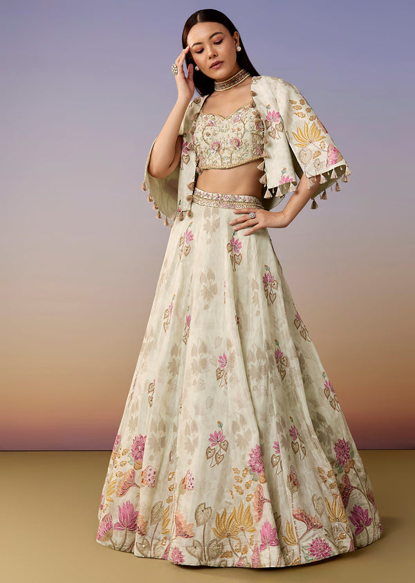 Ivory Floral Printed Lehenga Set with Cape