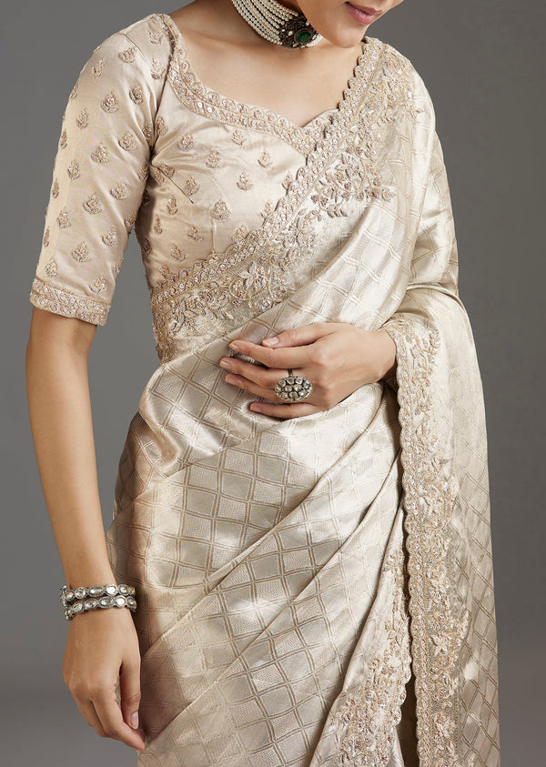 Ivory Gold Tissue Saree With Embroidered Blouse