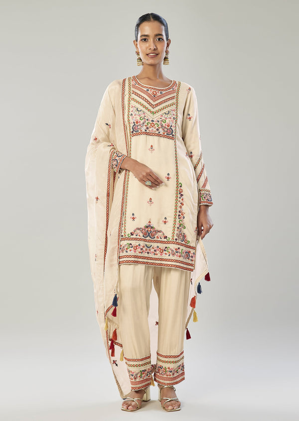 Ivory Kurta Set With Thread And Moti Embroidery