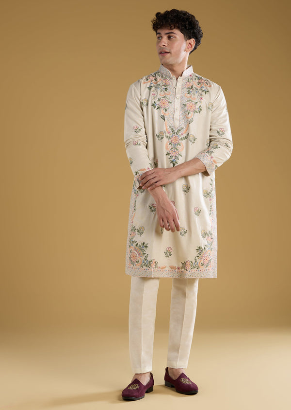 Ivory Mens Kurta Set With Resham Detail