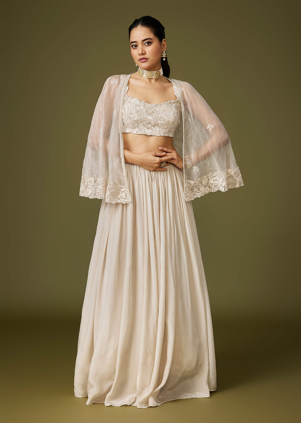 Ivory Minimal Cape Lehenga Set With Thread And Bead Detailing