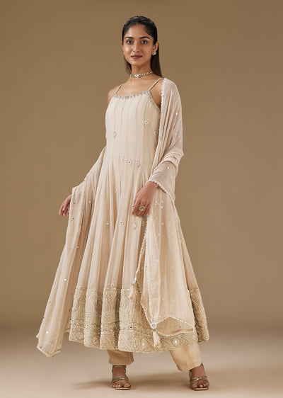 Ivory Organza Anarkali Suit With Moti Sequin Butti And Heavy Border Embroidery