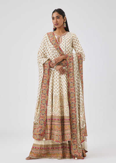 Ivory Indie Print Crepe Anarkali Suit