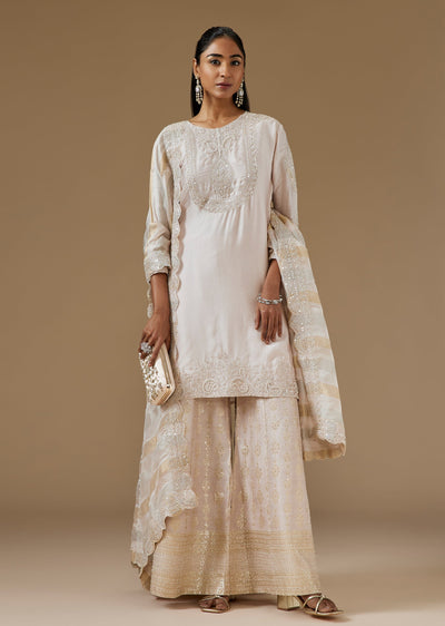 Ivory Satin Palazzo Suit With Moti And Sequin Embellished Kurta