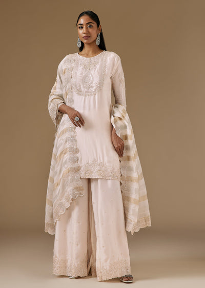 Ivory Satin Palazzo Suit With Moti Sequin And Scattered Butti Work