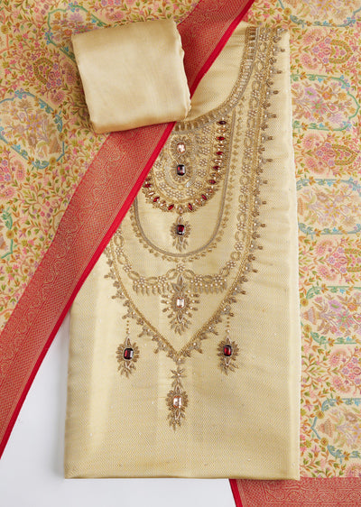 Ivory Tissue Dress Material Set With Zardozi And Beads Detail