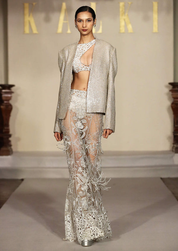 Ivory Bridal Indo Western Skirt Set With Cutwork