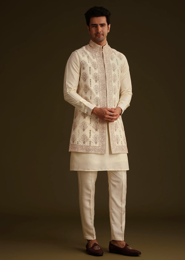 Ivory Silk Long Jacket Set With Resham And Mirror Work