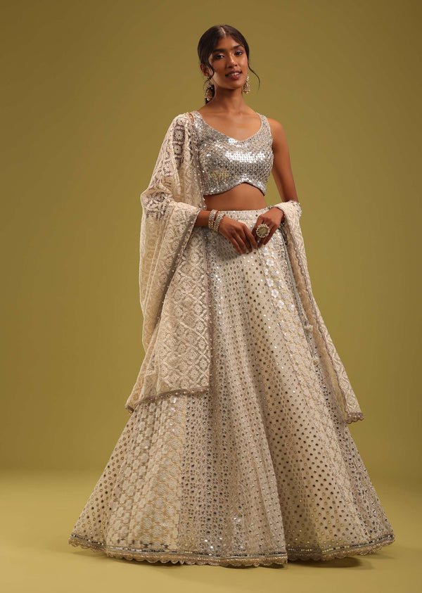 Ivory White Lucknowi Embroidered Georgette Lehenga Set
