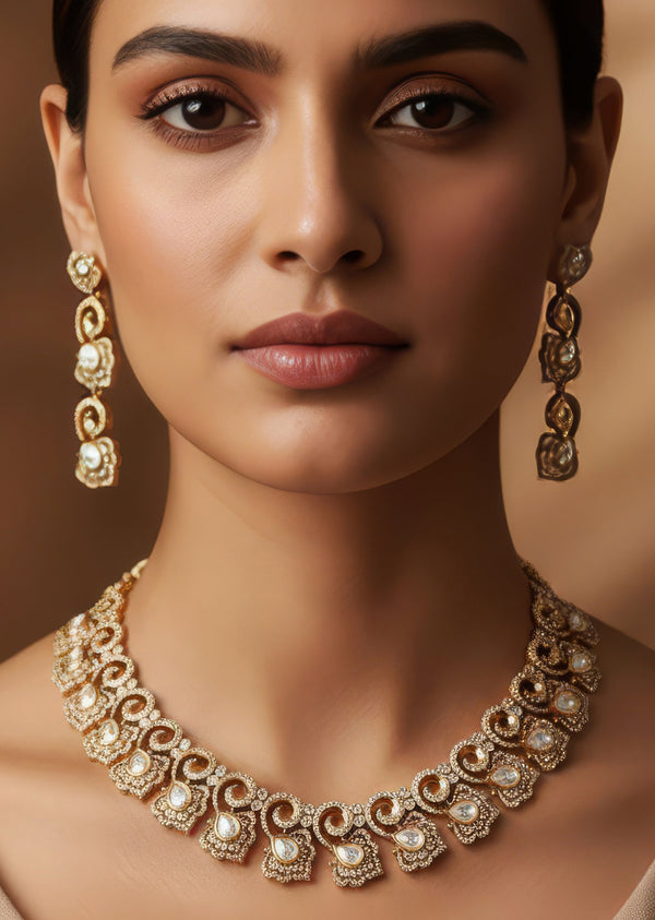 Jewellery Set In Gold Finish Polki With Semi Precious Stones
