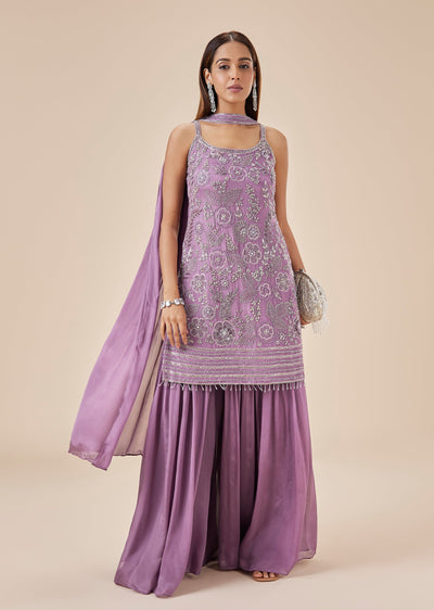 Lavender Chinon Kurta Palazzo Set With Cutdana Embroidery