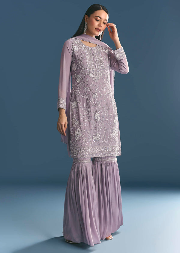Lavender Chinon Kurta Sharara Suit With Moti Work