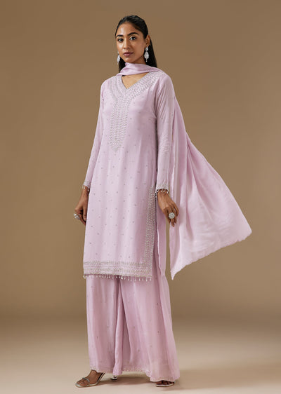 Lavender Chinon Palazzo Suit With Cut Dana And Moti Embellished Kurta