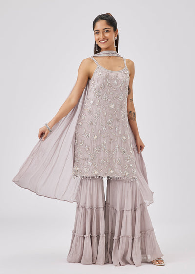 Lavender Chinon Sharara Suit With Cut Dana And Sequin Embroidered Kurta